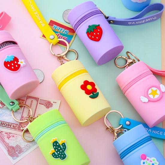 Storage Bag Cartoon Decor Earphone Keys Changes Coin Storage Bucket with Wrist Strap Zipper Closure Portable Keychain Bag Decoration Pendant