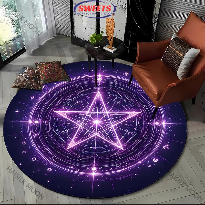 Okrągły dywan z nadrukowanym symbolem pentaklu, dywan z nadrukiem głowy kozła, mata do zabawy dla dzieci, dywan do salonu, sypialni, mata do jogi, prezent