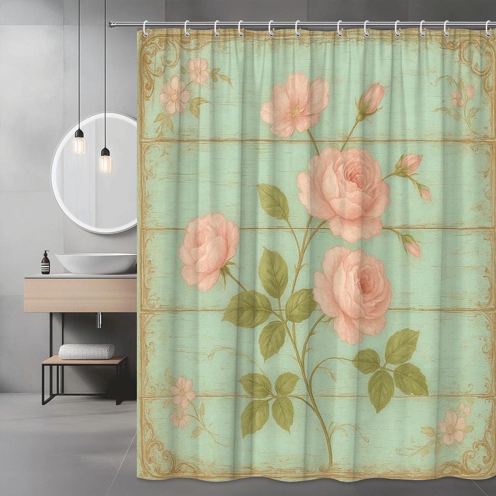 

Vintage Pink Rose Shower Curtain Mint Green Background Floral Art Design Romantic Shabby Chic Decor Waterproofsimpleinstallation W60H190(CM)-1 Pcs