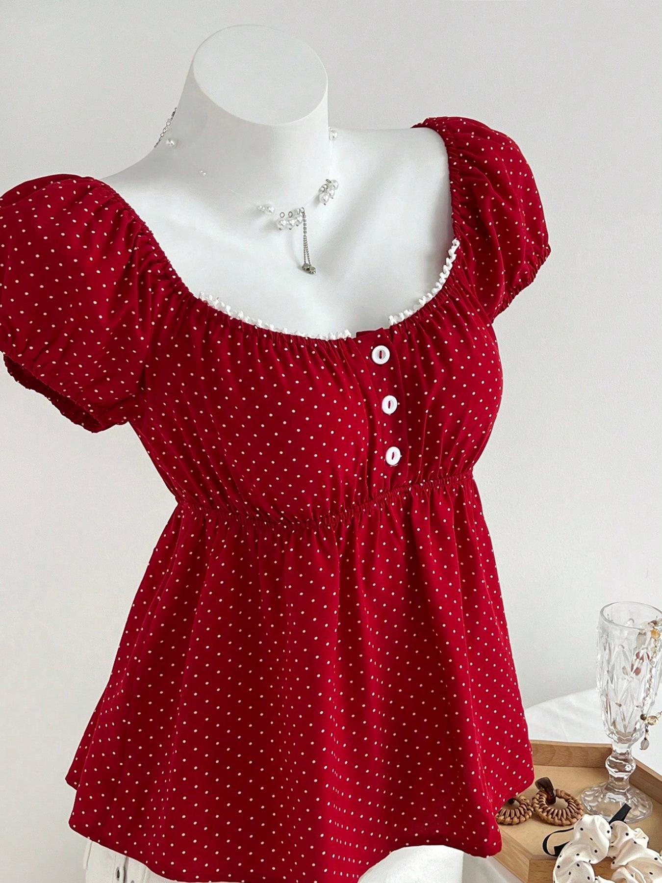 

2026 Summer Elegant Lace U-Neck Polka Dot Three-Button Top, Fashionable Slimming Design L темно-червоний колір