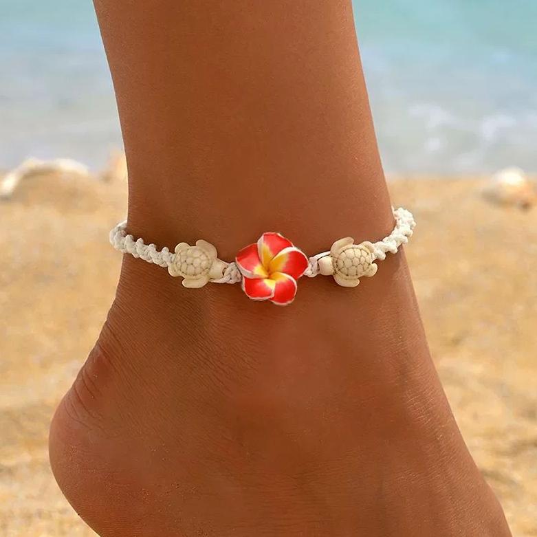 Boho Colorful Flower Soft Ceramic Ankle Chain for Women Handmade Weave Rope Adjustable Ankle Bracelets Zircon Accessories Gifts