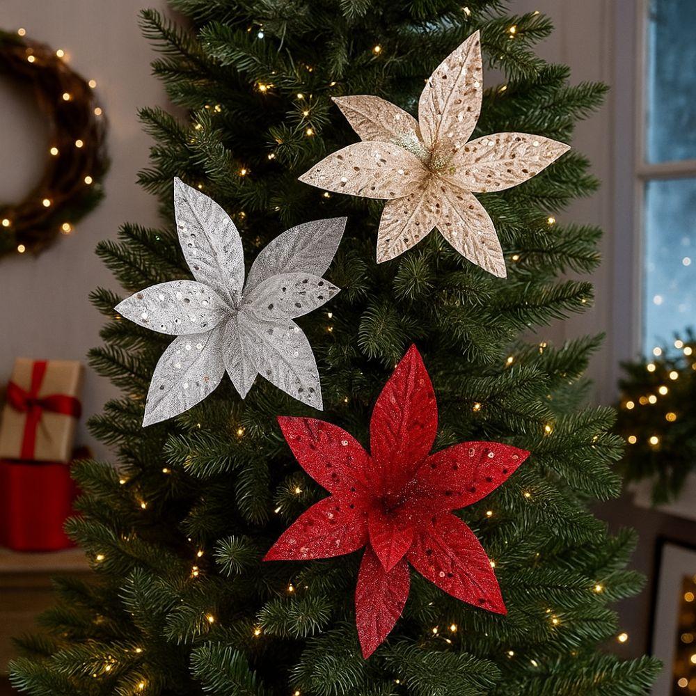 Realistic Christmas Artificial Flowers Sequin Mesh Poinsettia Flower New Year Decor