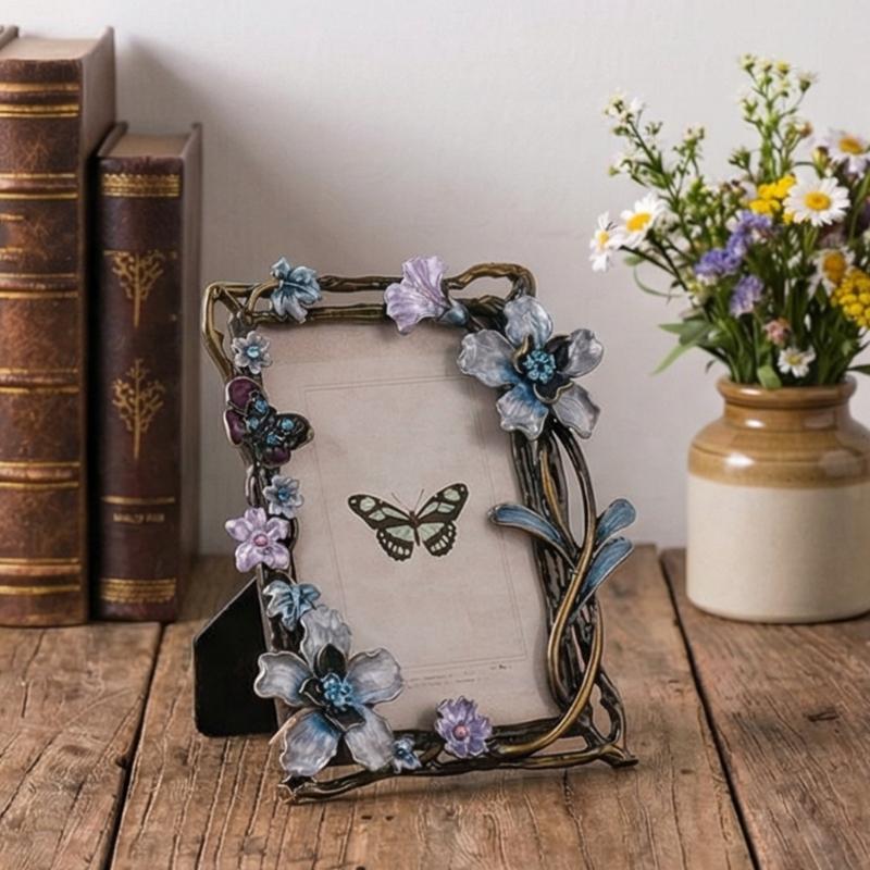 Elegant Emaille Bloemen Vogel Metalen Fotolijst Met Strass Accent Antiek Fotolijstje Voor Tafelblad Planken Decoraties