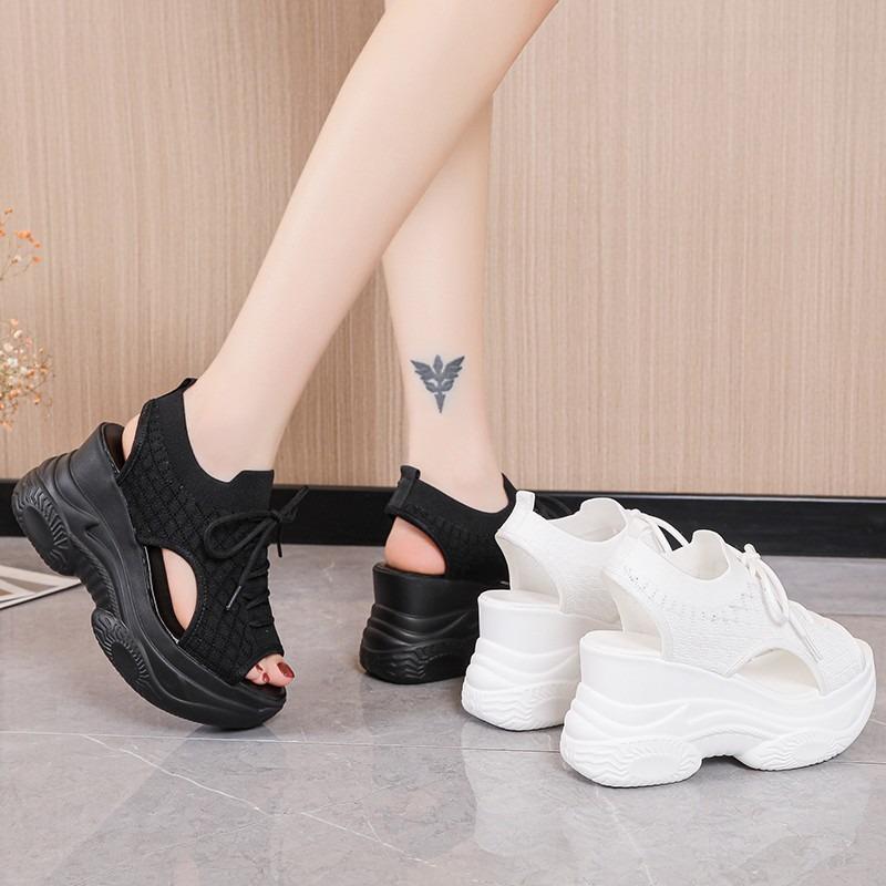 Flying Woven Mesh Wedge Heel Sandals Summer Fish Mouth High Heel Casual Small Large Size Sandals