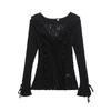 Women's Spring Clothing Romantic Style Bows Lace-up Long Sleeve V-neck Lace Laminated Decoration Tops 4813319