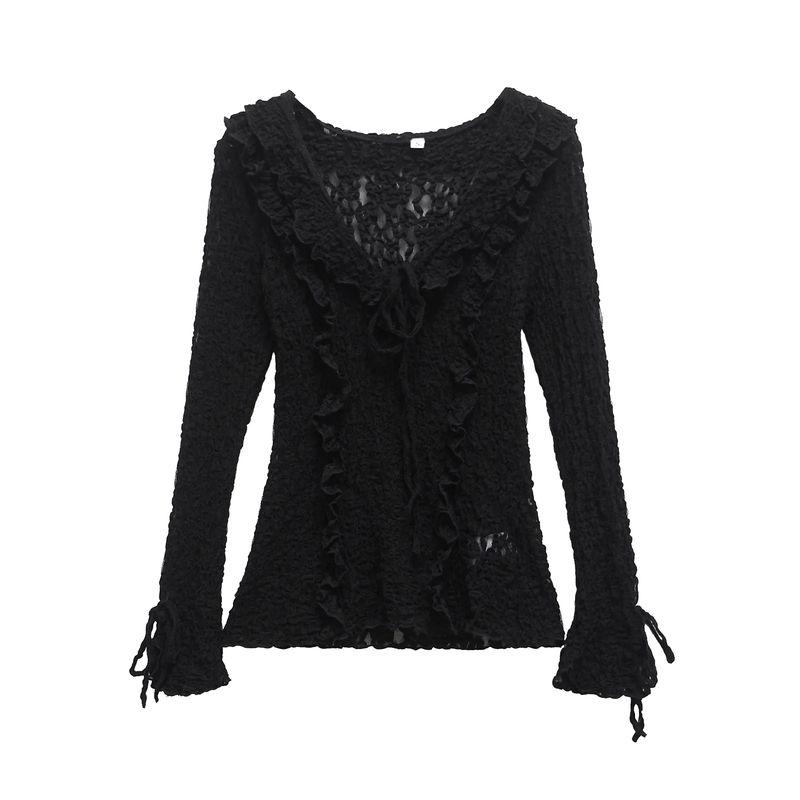 Women's Spring Clothing Romantic Style Bows Lace-up Long Sleeve V-neck Lace Laminated Decoration Tops 4813319