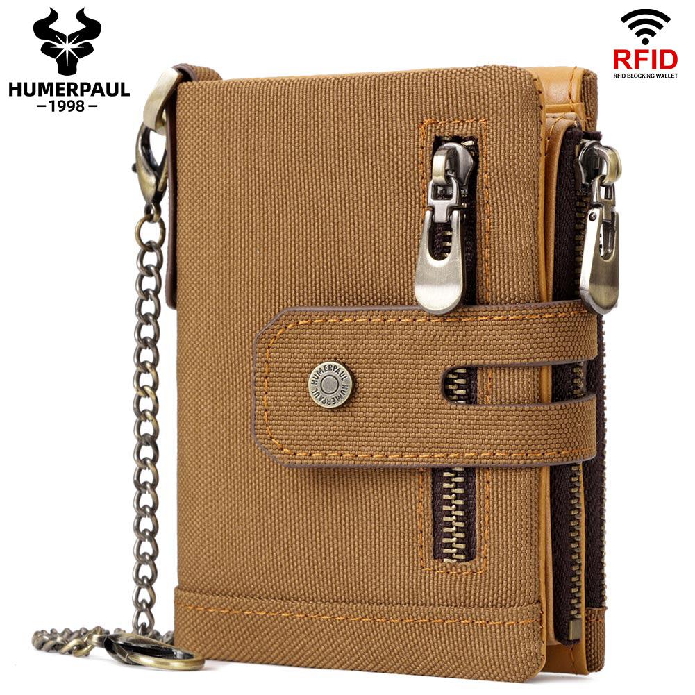 HUMERPAUL Men cowhide wallet Oxford cloth RFID anti-theft credit card bag coin purse with chain wallet with photo window