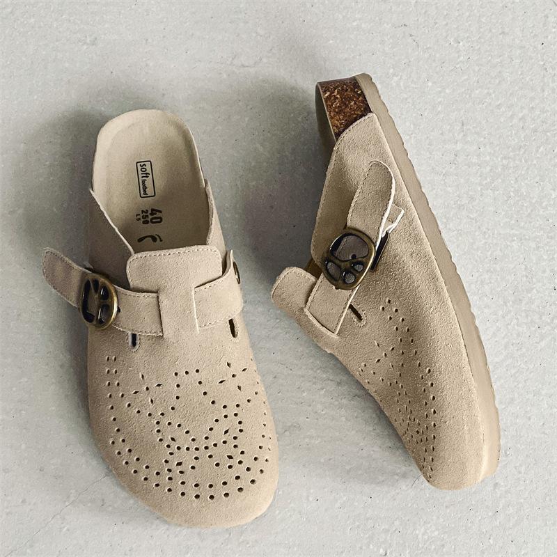 

3752 лето новые крутые тапочки женские первый слой коровьей кожи ручной работы ретро тапочки полые удобные дышащие тапочки с закрытым носком 45 хаки