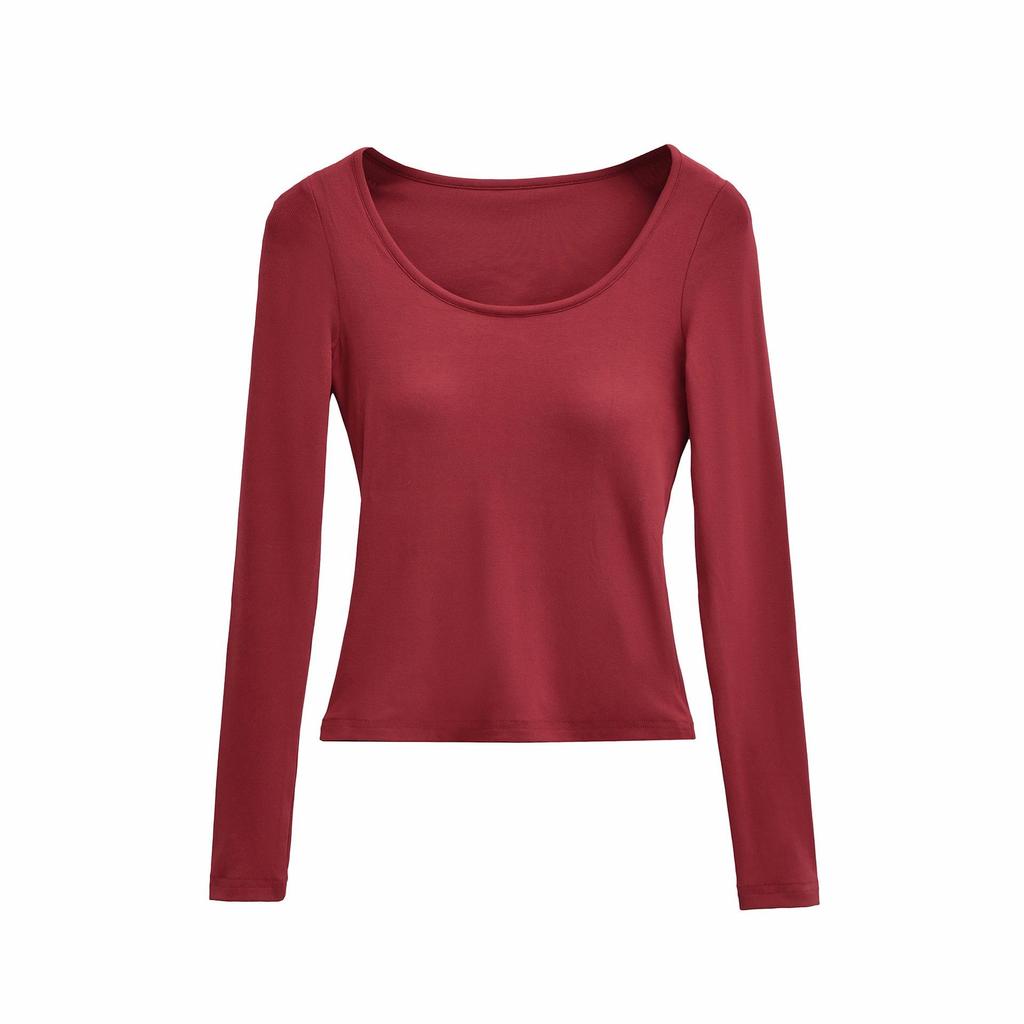 2025 Autumn/Winter Women's Sexy Slim-Fit Long-Sleeve T-Shirt with Built-in Bra and U-Neck