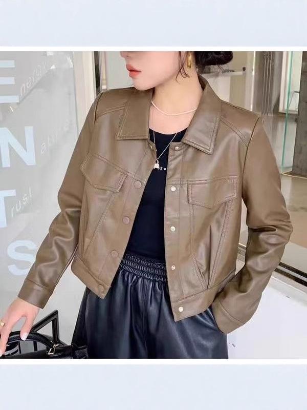 Women's Petite High-Waisted Short Leather Jacket for Autumn/Winter 2025: New Arrival Lapel Motorcycle Outerwear