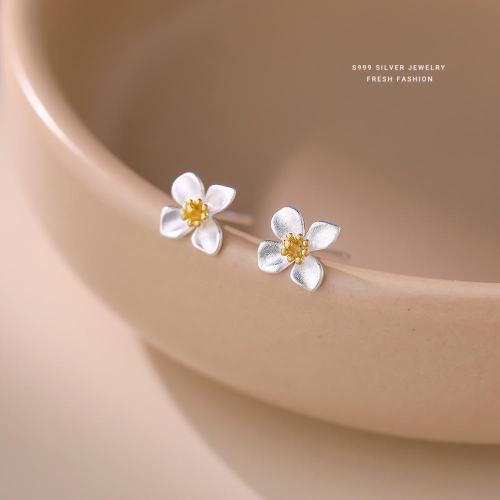 

S999 Sterling Silver Flower Stud Earrings for Women - Cute 4-Petal Floral Jewelry with Gold Center Fresh Fashion Daily Wear Gift