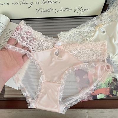 2pcs/lot Satin Lace Underwear for Women Sexy Low Waist Panties Pure Cotton Crotch Sweet Knickers Solid Briefs Female Lingerie