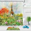 Green Palm Leaves Flower Romantic Eiffel Shower Curtain Set Hooks Bathroom Decor