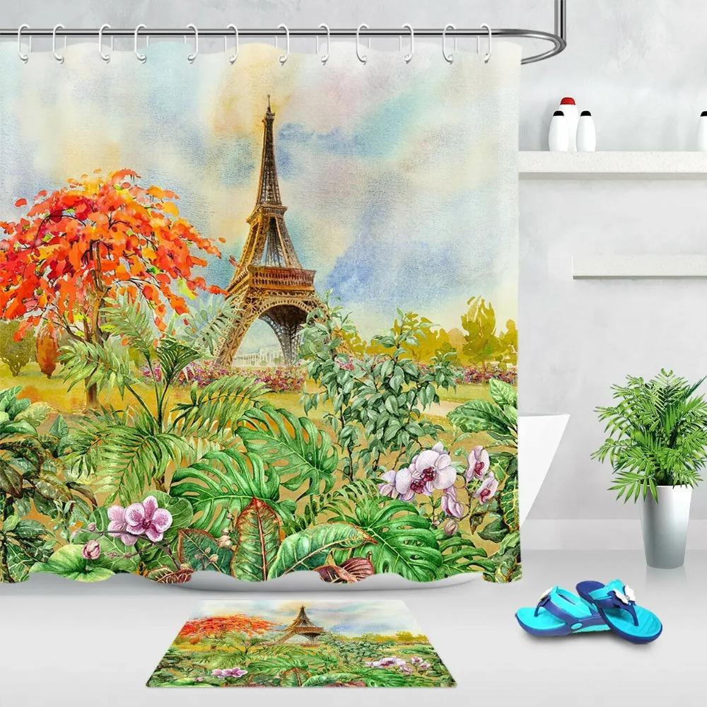 

Green Palm Leaves Flower Romantic Eiffel Shower Curtain Set Hooks Bathroom Decor 90X180 cm