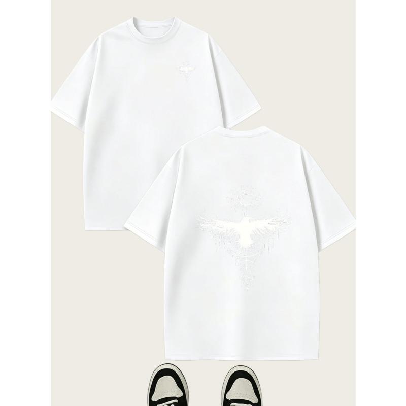 European Size Men's Gothic Eagle & Moon Print T-Shirt - Black & White Contrast Suitable for Casual Wear, Round Neck Regular Fit