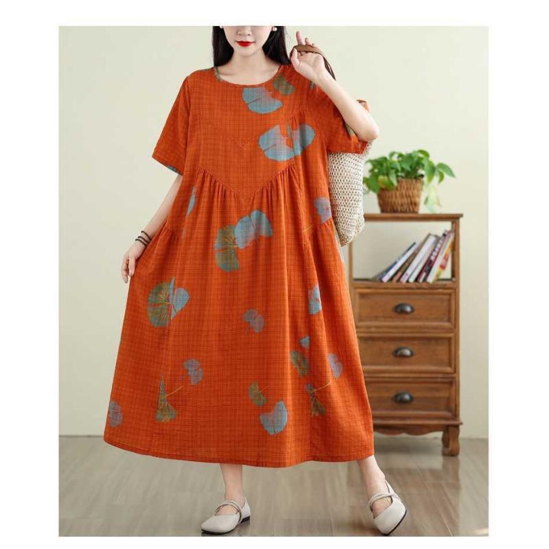 Summer Retro Cotton and Linen Round Neck Short Sleeved Dress, Women's Loose Skirt