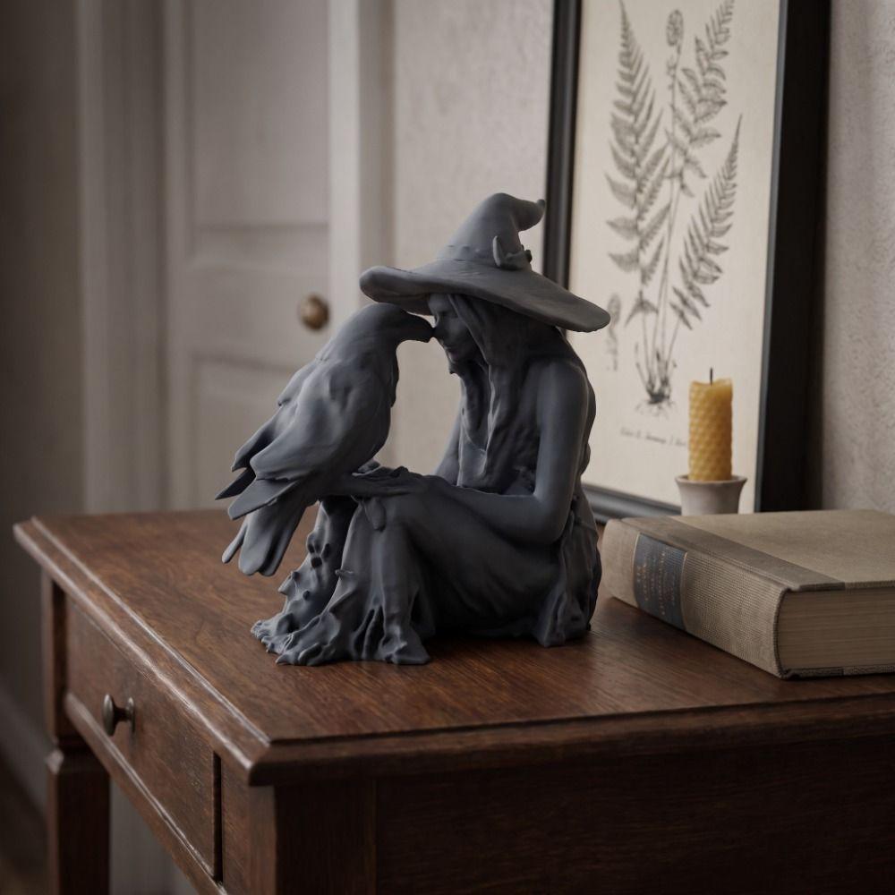Desk Ornaments Witch Crow Statue 3D Printed Halloween Decoration Witch Sculpture Home Decor