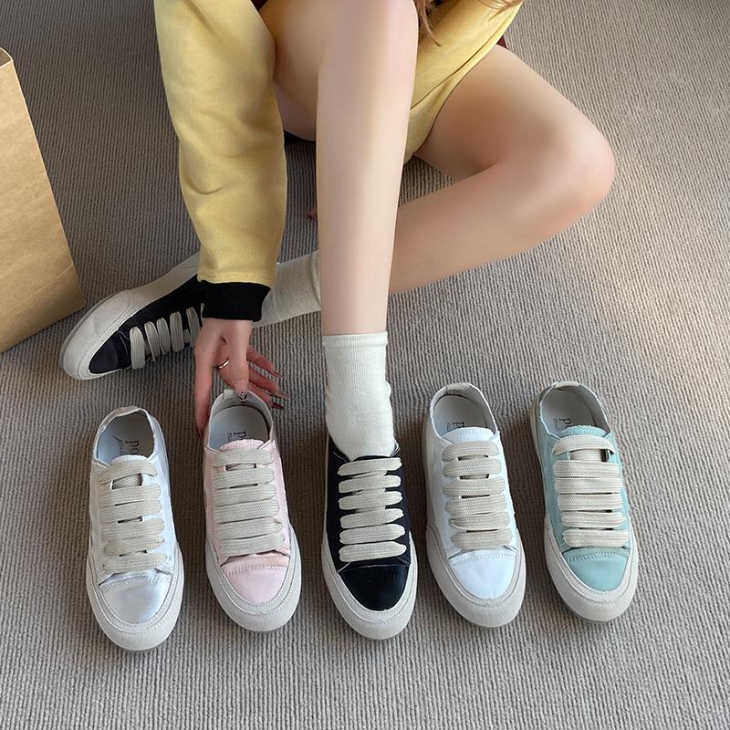 2024 Spring Autumn Flat Bottom White Silk Spanish Niche Canva Women's Single Shoes Sport Casual Shoes Rubber Materia