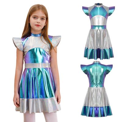 Girls Alien Cosplay Costume Cap Sleeve Glossy Metallic Color Block Dress Outer Space Role Play Party Dress