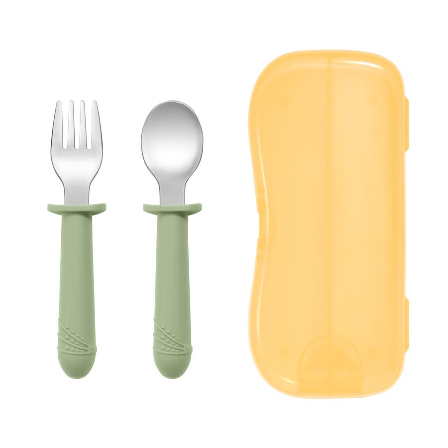 

Новые детские принадлежности, набор ложек и вилок для кормления малышей, столовые приборы из нержавеющей стали с однотонной ручкой, обучающая ложка, детские принадлежности зелёный