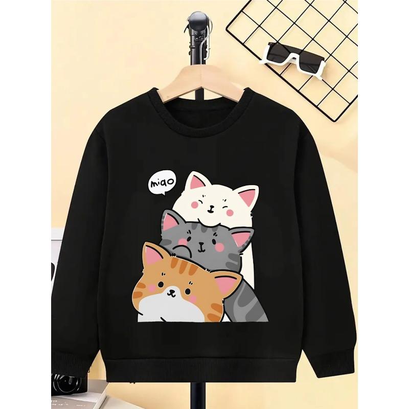 Kids Sweatshirt,Crewneck Sweatshirt Featuring Adorable Stacked Cats, Machine Washable,Spring And Autumn, for Sports And Casual Outings, Soft And Comfy