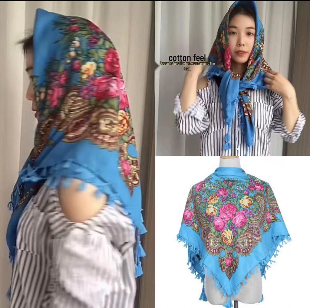 Vintage Print Cotton Headscarf for Women - Ethnic Style Spring/Summer Wrap, Shawl, Triangle, 90cm Square