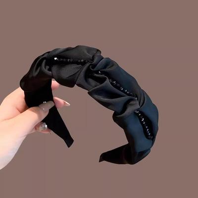 2023 Women's Black Satin Beaded Pleated Wide Headband