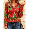 Women's Half Zip Long Sleeve T-Shirt, Christmas Tree Train Gift Box Decorative Snowflake Print Slim Fit Casual Pullover