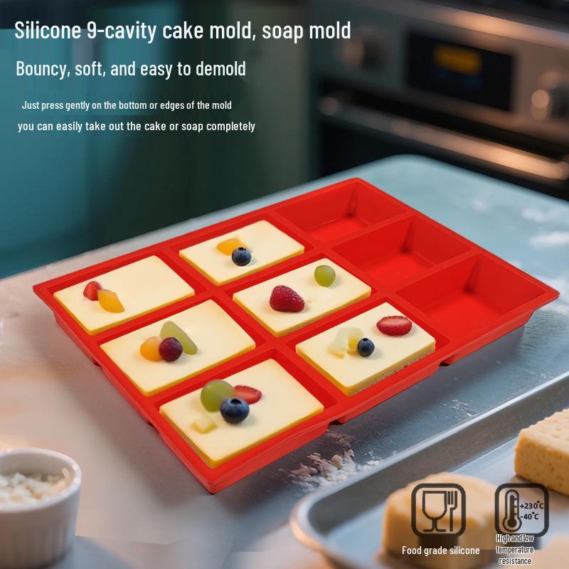 Silicone 9-Cavity Square Mold for Cake, Soap, Mousse, and Large Ice Cubes