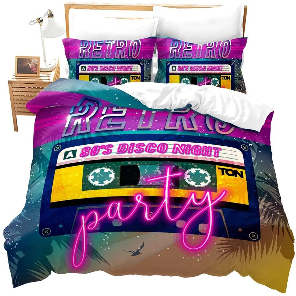 Retro Duvet Cover Set Disco Night Bedding Set for Boys Girls Cassette Tape Party Comforter Cover Soft Polyester Quilt Cover
