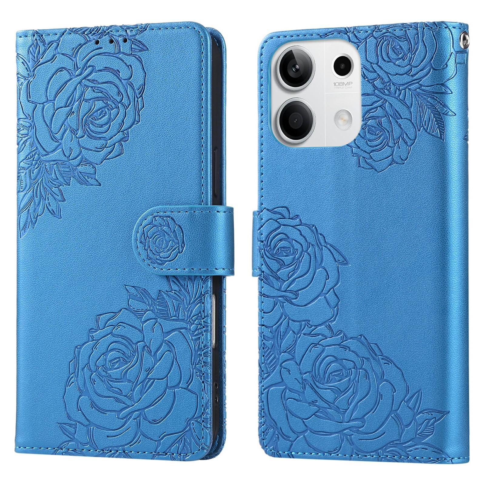 

For Xiaomi Redmi Note 13 5G Case Rose Flower PU Leather Wallet Phone Cover with 3 Card Slots Blue