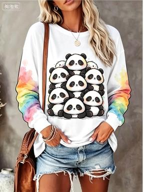 Women Long Sleeve T‑Shirt Cute Stacked Pink Pig Watercolor Graphic Print Crew Neck Loose Casual Daily Tops