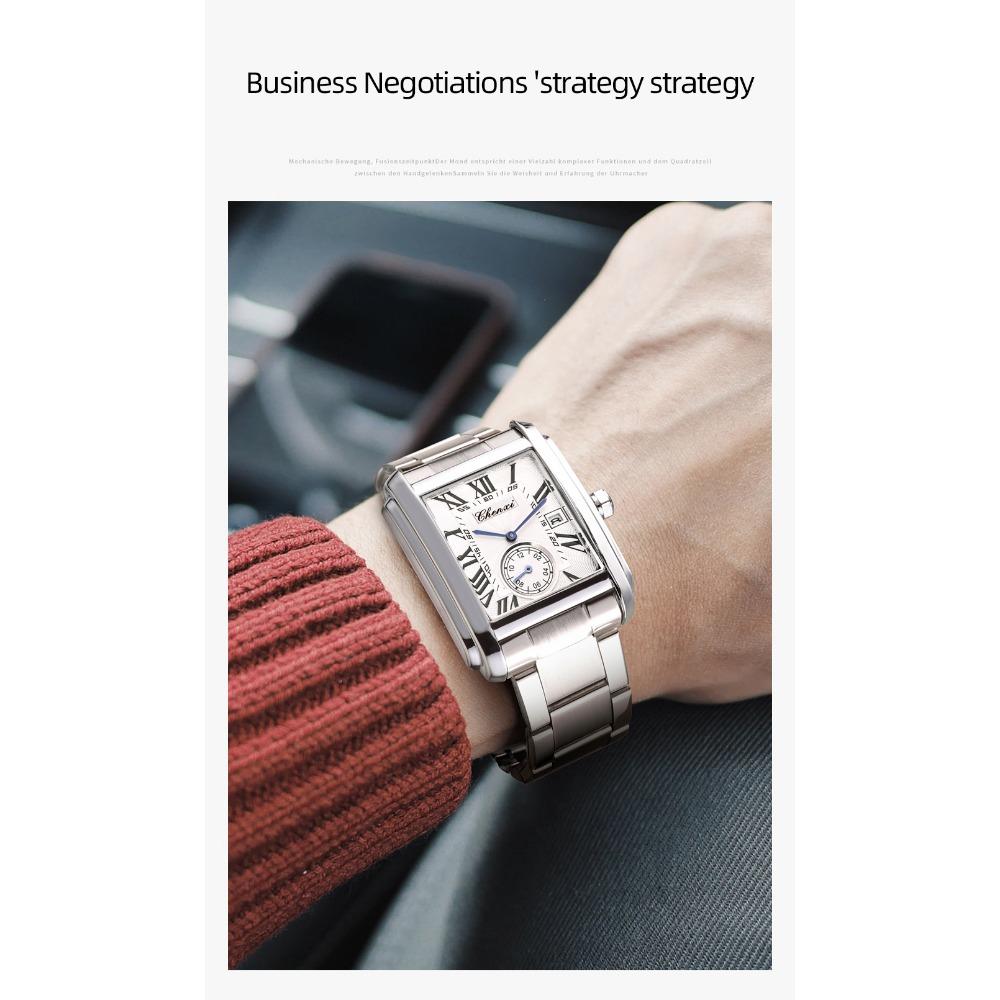 CHENXI 8216 Men's Quartz Watches Fashion Business Simple Silvery Stainless Steel Strap Square Wristwatches for Male Gift