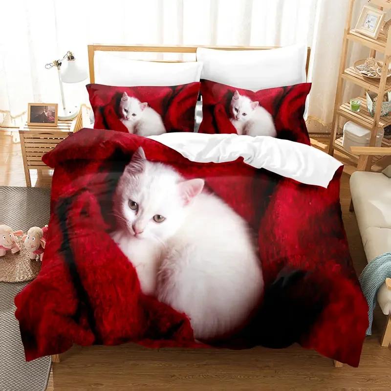 Cat Duvet Cover Set Cute Kitty Theme Bedding Set for Kids Girls 2/3pcs Single Double Queen King Size Comforter Cover Bedclothes