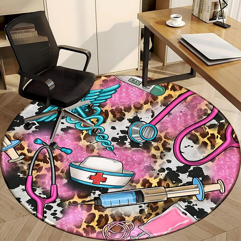 1pc Leopard Nurse Print Chair Carpet for Office, Round Polyester Mat, Indoor Decor for Office, Washable Non-slip Carpet yy251219007