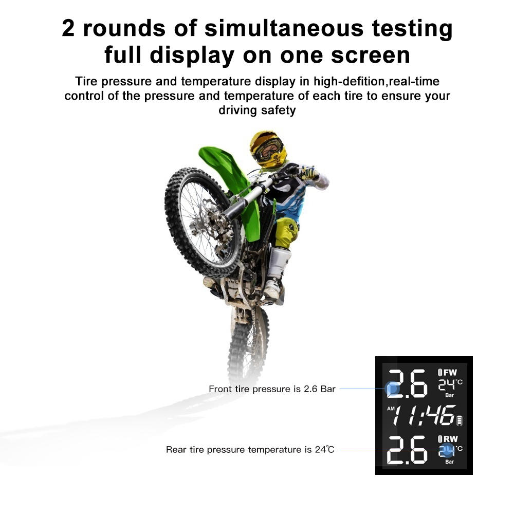 TPMS Systém monitorování tlaku v pneumatikách pro motocykly se 2 externími senzory Sada digitálního alarmu tlaku v pneumatikách Příslušenství pro motocykly
