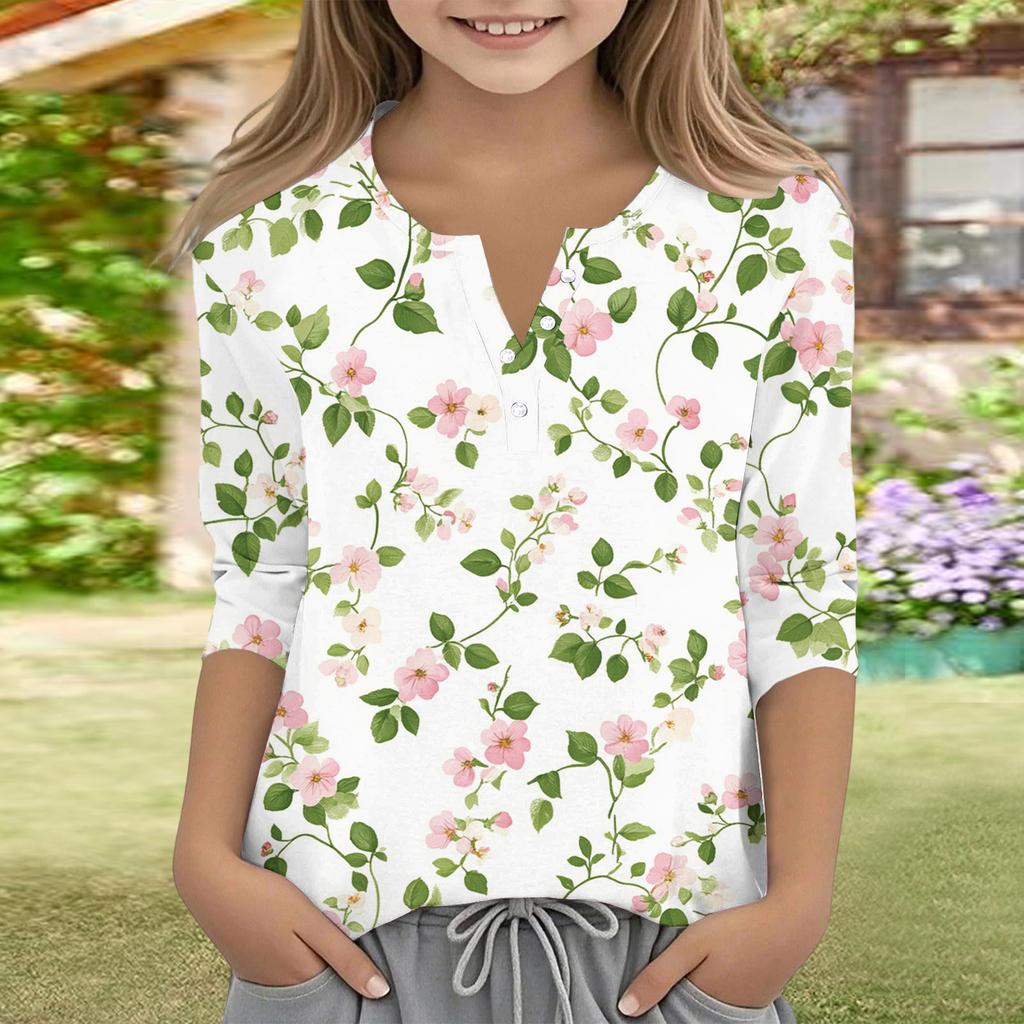 Print Tops For Youth Girls V Neck Button 3/4 Sleeves T-Shirts Trendy Tops Outfit Tees