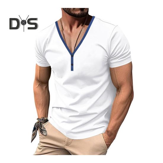 

Мужская летняя футболка с короткими рукавами, застегивающаяся на пуговицы, V-образный вырез, контрастный цвет, облегающий повседневный пуловер средней длины для занятий спортом на открытом воздухе M белый