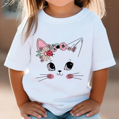 Maglietta estiva per bambini, maglietta con grafica a forma di gatto e fiori, maglietta bianca a maniche corte con motivo a gattino, maglietta selvaggia con simpatici animali e cartoni animati