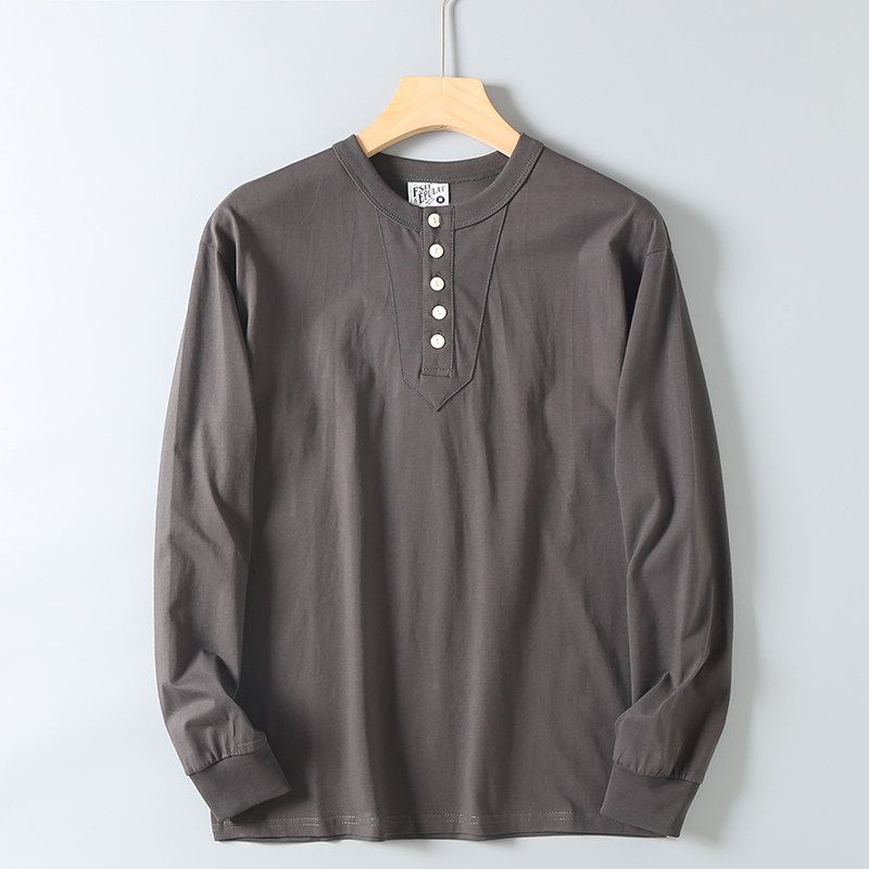 Original Foreign Trade Surplus American-Style Casual Henley Collar Cotton Long-Sleeve T-Shirt for Men, Vintage Versatile Solid Color Base Shirt