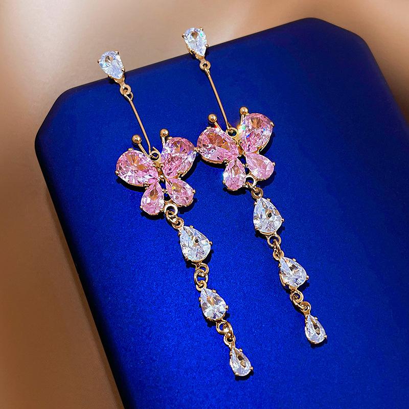 Korean Elegant Crystal Butterfly Drop Earrings for Women Long Tassel Dangle Earrings Wedding Party Jewelry Gift