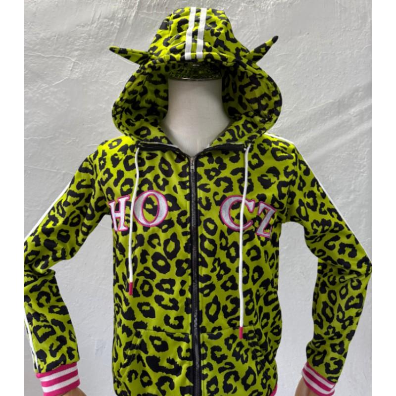 Yellow Leopard Print Devil Horn Hoodie Zip Jacket Unisex Y2K Streetwear