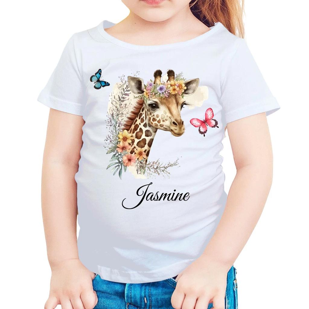 Personalised Giraffe & Floral Crown T-Shirt For Girls Custom Name Gift #TA-195