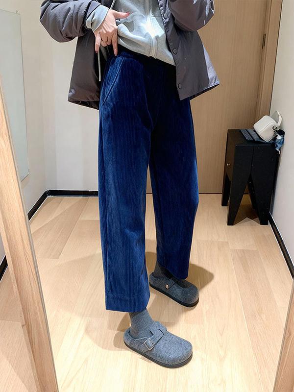 Women's Blue High-Waisted Corduroy Straight-Leg Pants - 2026 Autumn Light Mature Style, Versatile and Casual