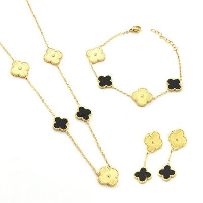 3PCS Four Leaf Grass Titanium Steel Necklace Women's Five Flower Necklace Bracelet Ear Studs Three Piece Set Fritillaria Necklace