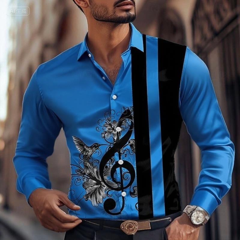 2025 Men's Striped Musical Note Dress Shirt Button Long Sleeve Fashion Casual Autumn Lapel Shirt 3D Printing Men Clothing