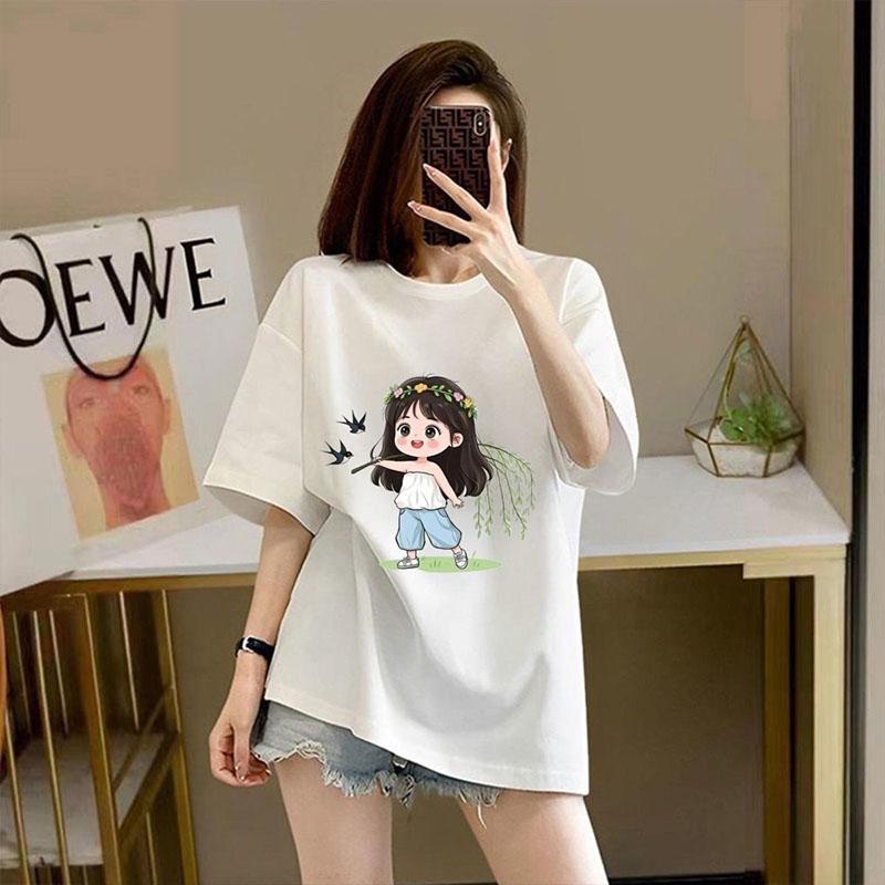 2026 Wo Printing Large Size T-shirt Loose Cute Girl Short Sleeve Tee Lady All-match Basic O-n