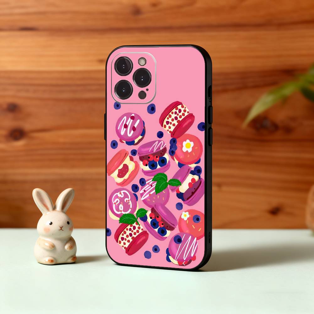 Yummy Macaron Colorful Phone Case For iPhone17,16,15,14,13,12Plus,Pro Max,XS,5G Soft Silicone Black Cover