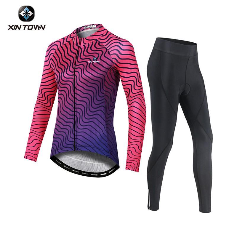 Womens Cycling Jersey Shorts Set Breathable Quick-Dry Long Sleeve Bike Outfit Road Mountain Riding