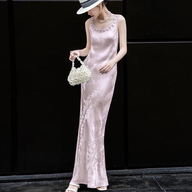 Lanseer 2026 Summer 100% Acetate Beaded Jacquard Lace A-line Dress M